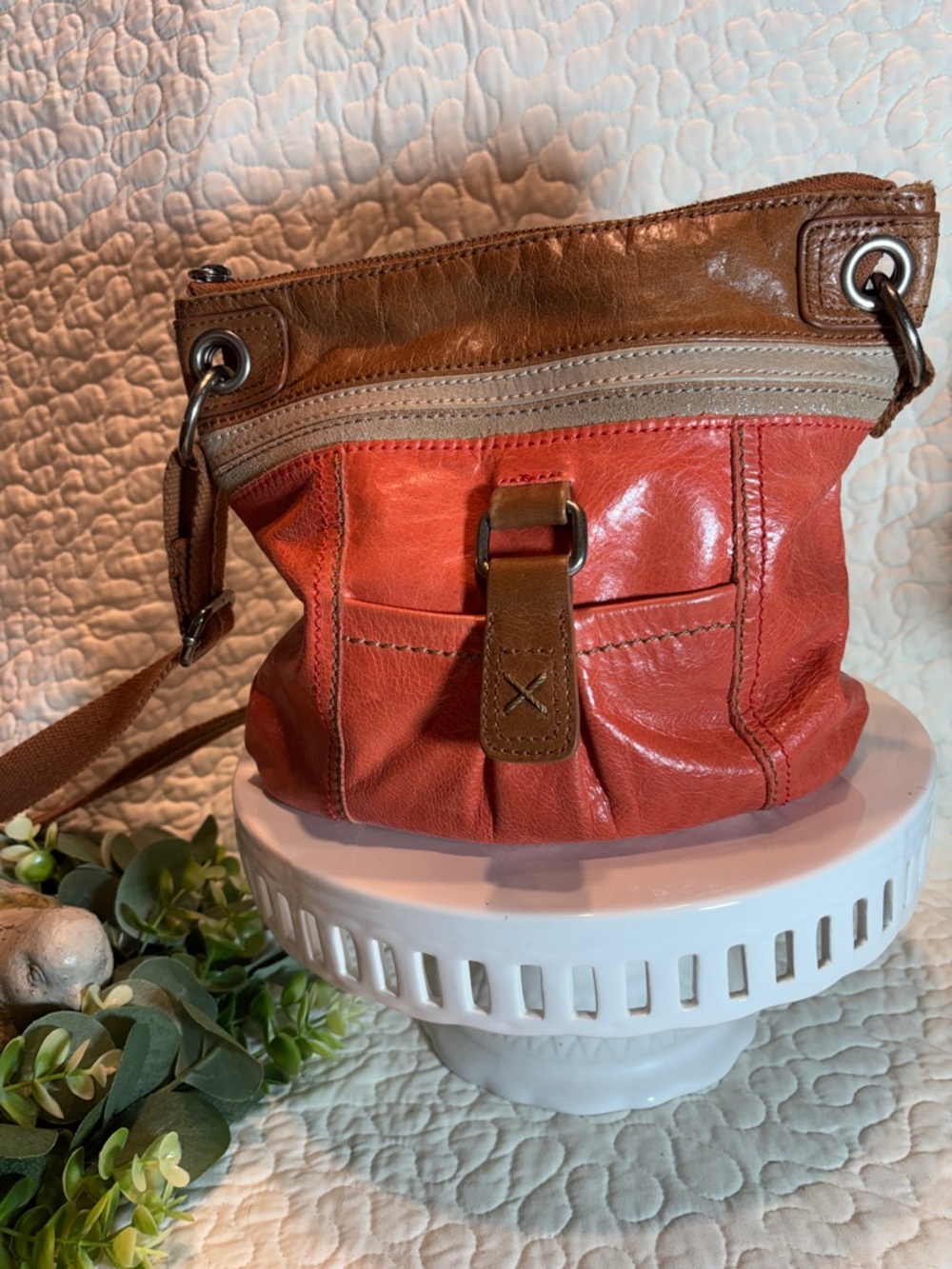The Sak Coral and Brown Leather Crossbody Bag